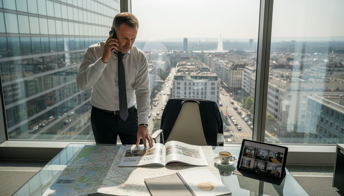 Geneva real estate agent in office reviewing video tours