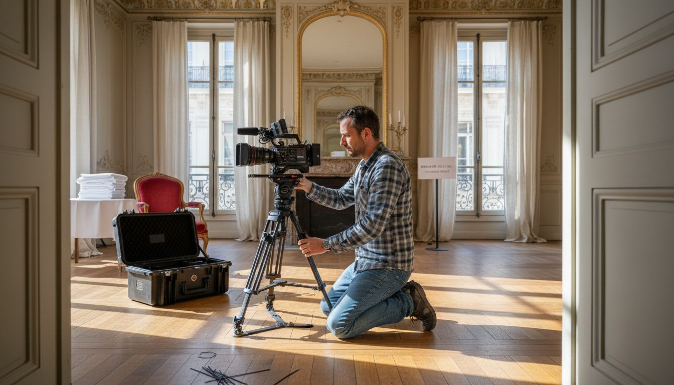 Un vidéaste se prépare à couvrir un événement immobilier.