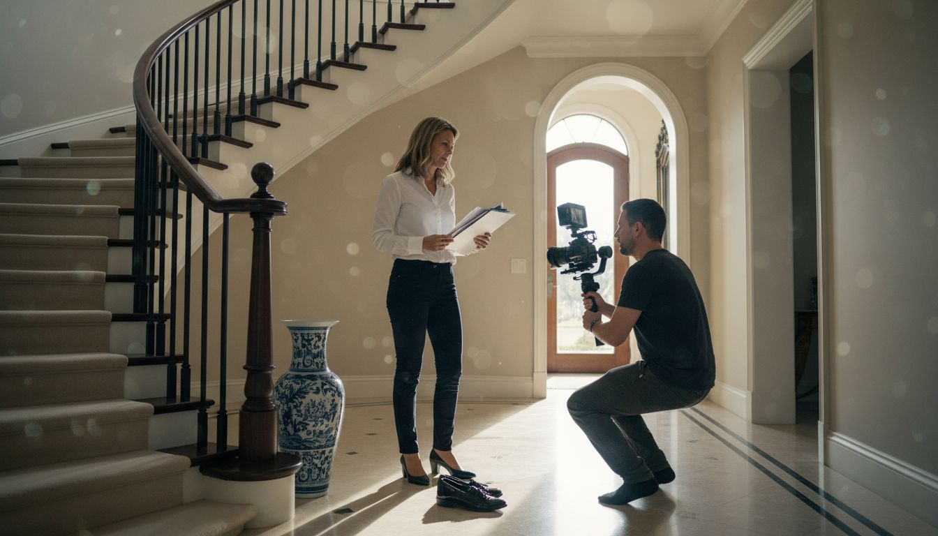 Un agent supervise le tournage d’une scène dans une propriété de prestige.