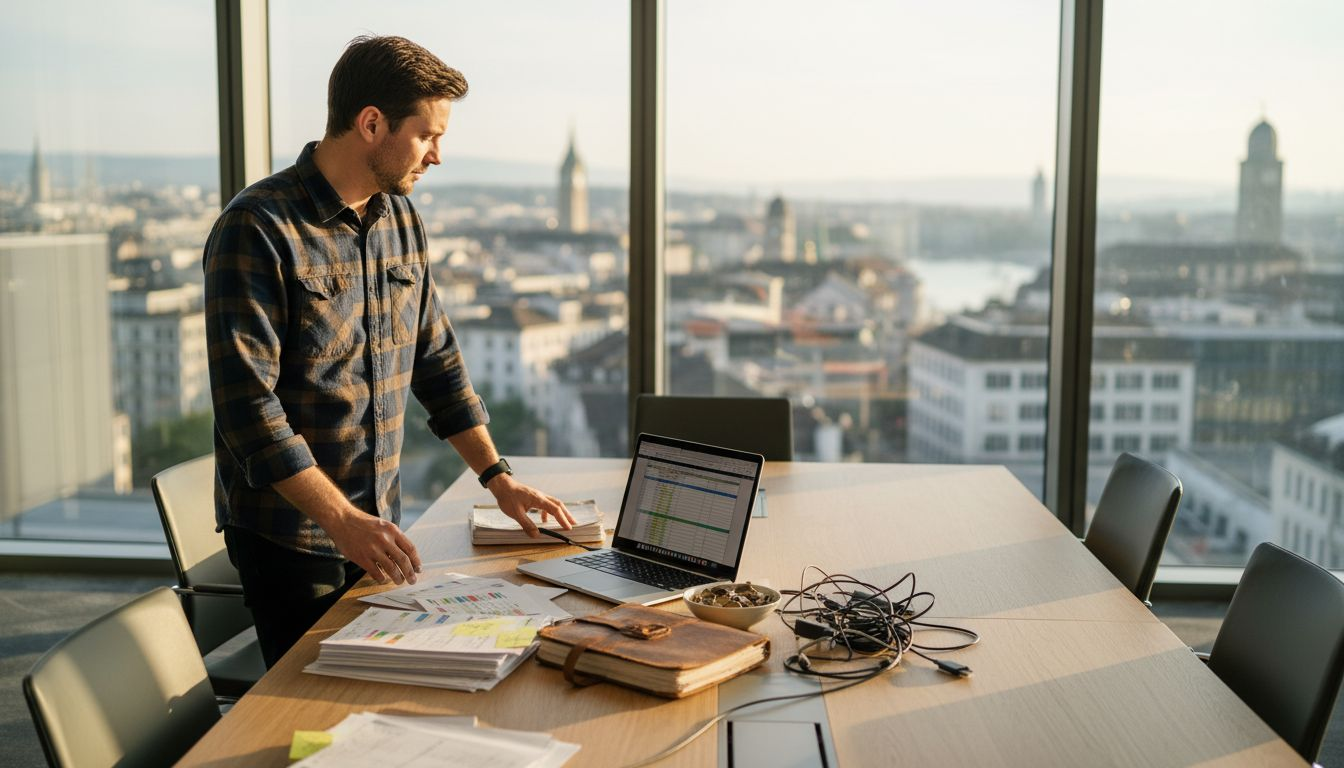 Film producer planning budget in Zurich office