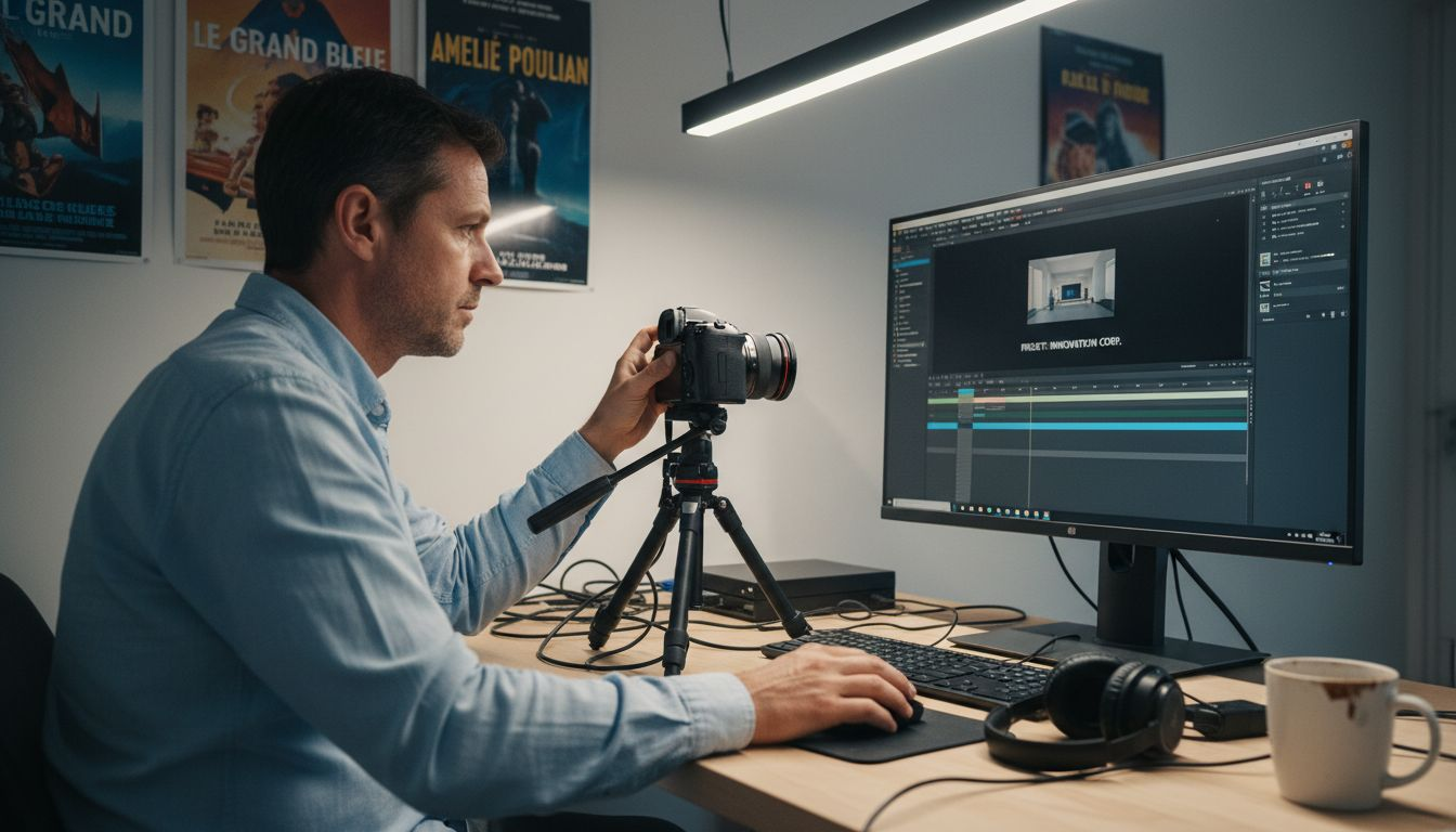 Le réalisateur règle sa caméra dans la salle de montage.