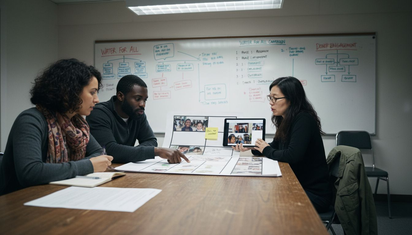 NGO team planning video project with storyboards