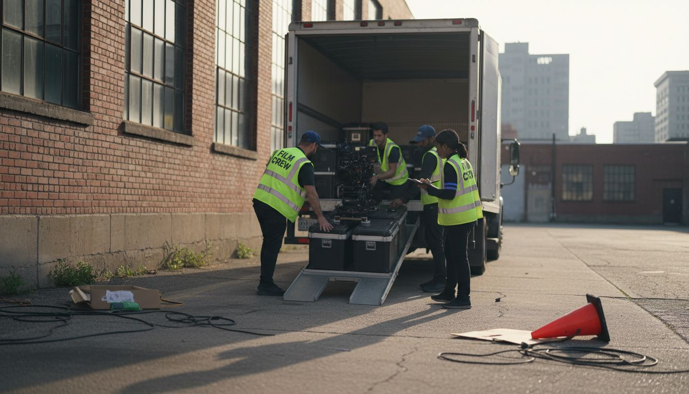 Film crew loading equipment into truck