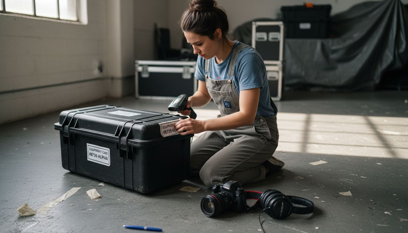 Assistant labels heavy equipment case for transport