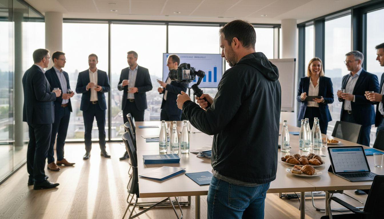 Un vidéaste capture l’ambiance animée d’un événement professionnel en Suisse.