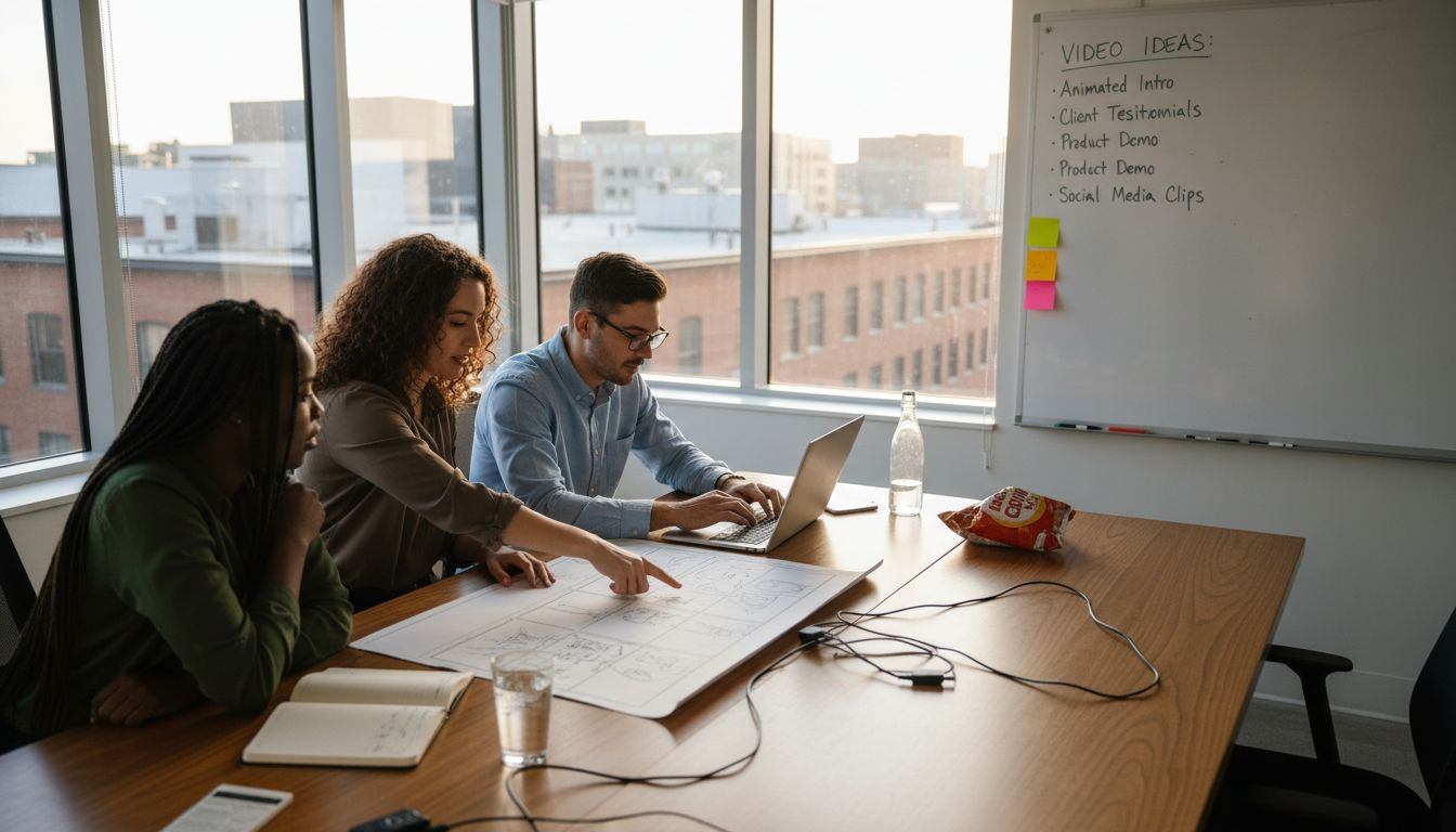 Business video team discusses storyboard in office