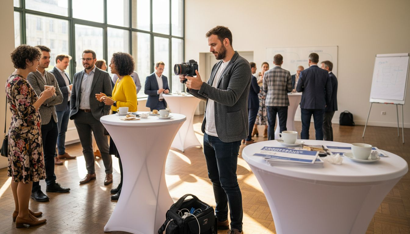 Un vidéaste capture des moments d’échanges entre les participants lors d’un événement professionnel.