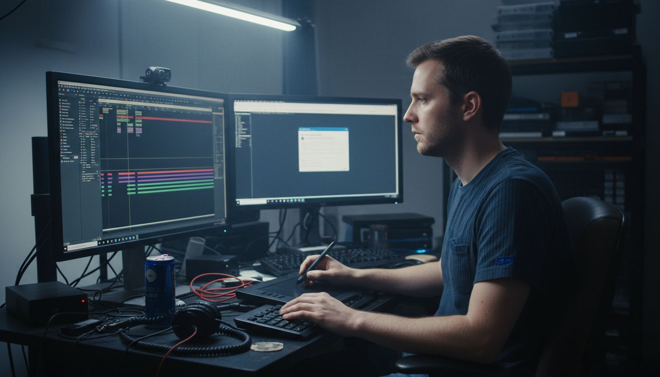 Video editor using editing software in studio