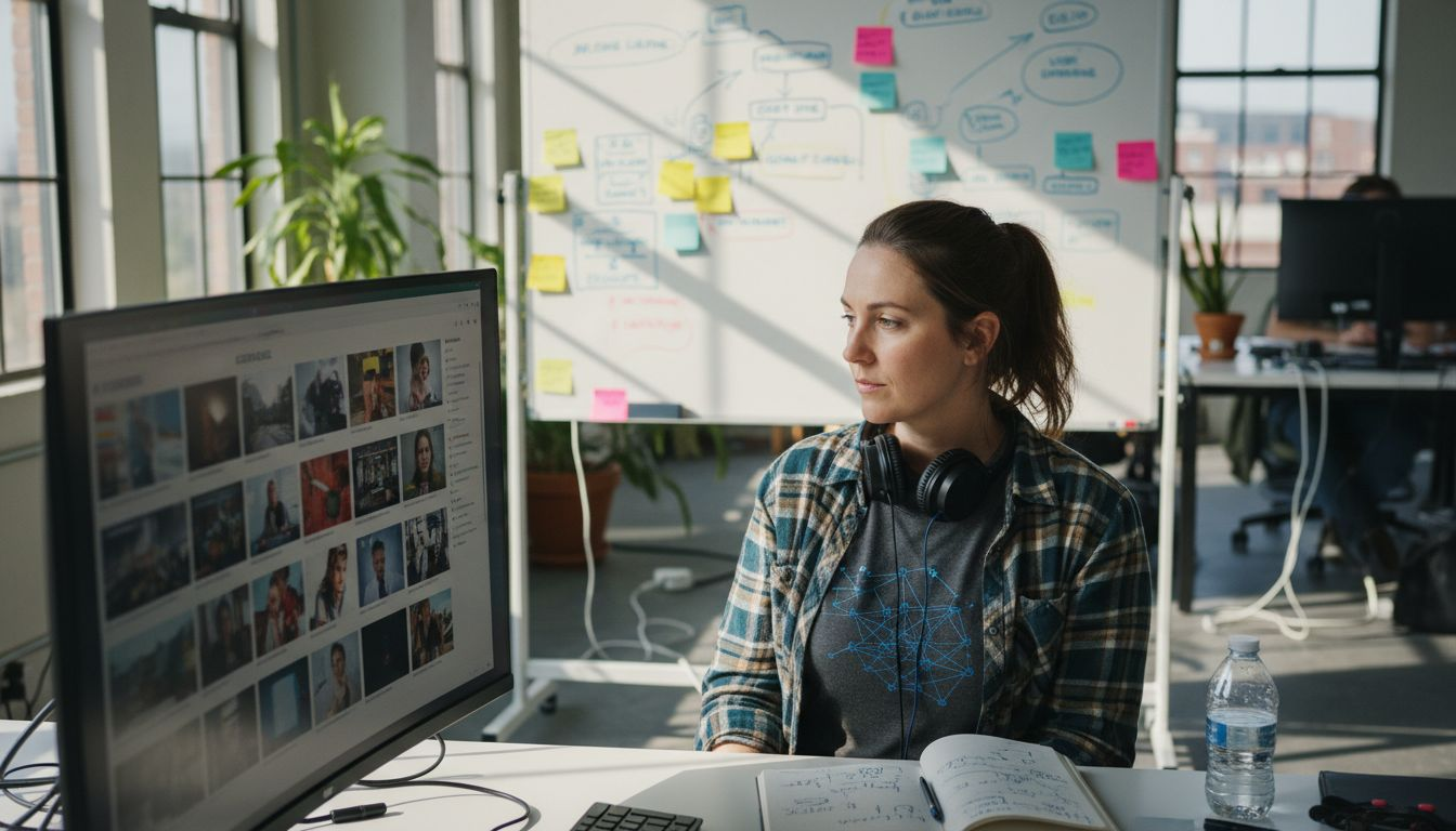 Woman reviewing AI video edits at desk