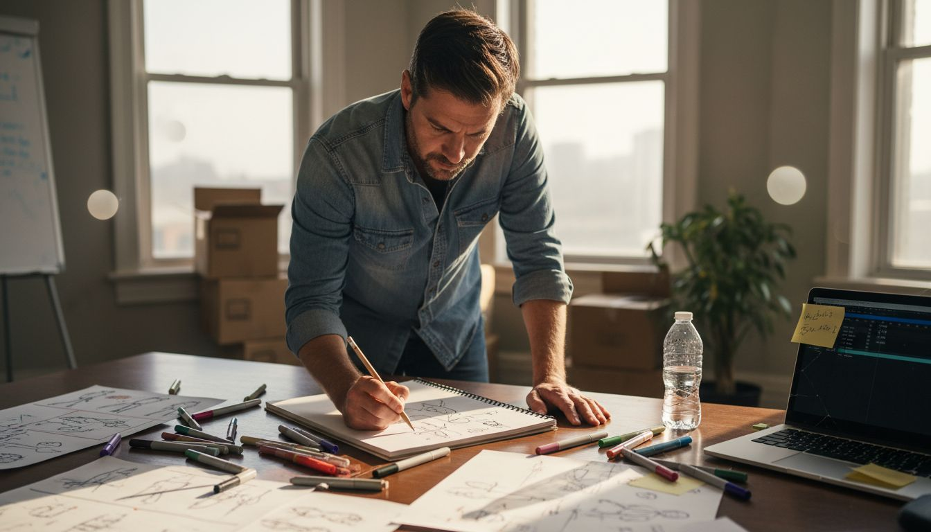 Producer sketching video storyboard in office