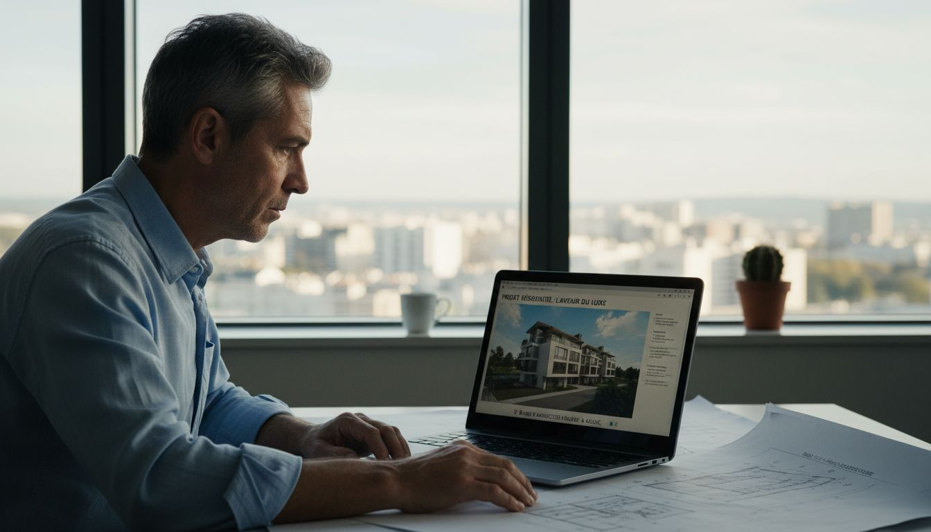 Un consultant en immobilier examine les détails d’un projet sur son ordinateur portable.