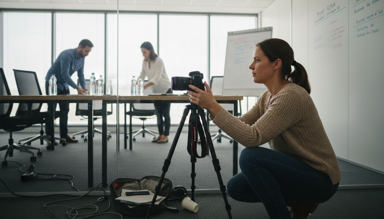 Une équipe s'occupe de l'installation du matériel vidéo avant le début de la réunion.