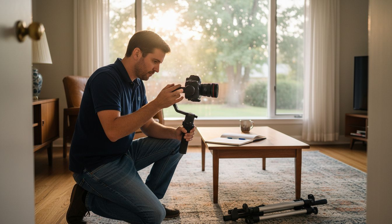 Videographer filming sunlit property interior