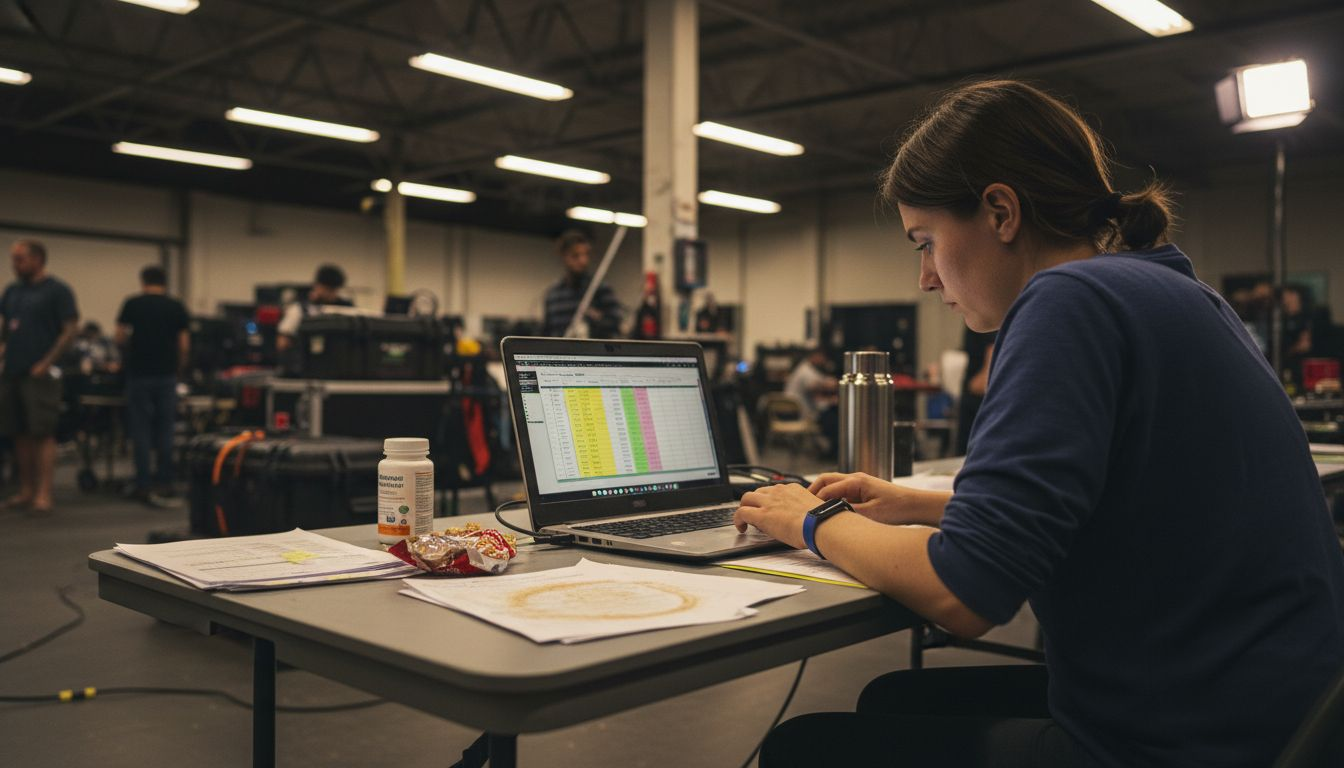 Script supervisor with vitamins amid workspace clutter