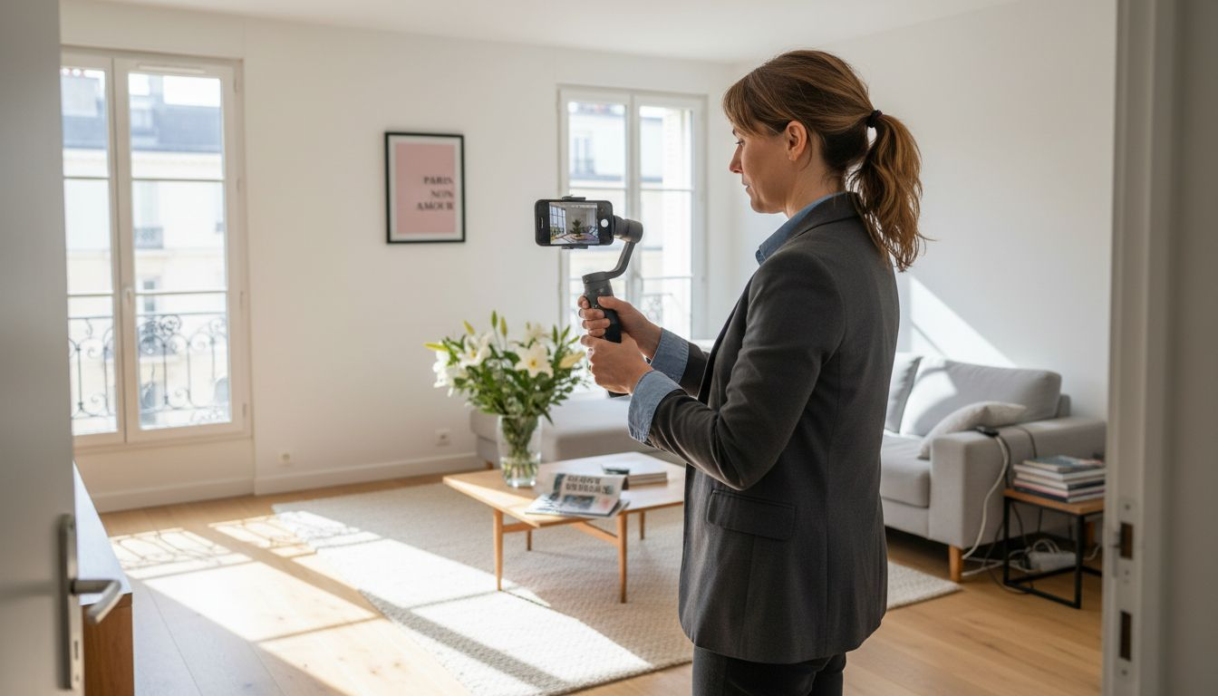 Un agent immobilier réalise une vidéo de présentation dans un appartement contemporain.