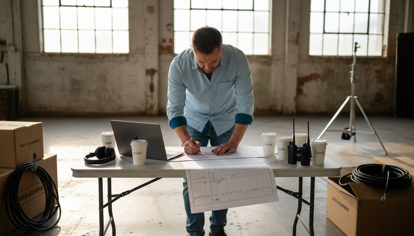 Production manager at video shoot workspace