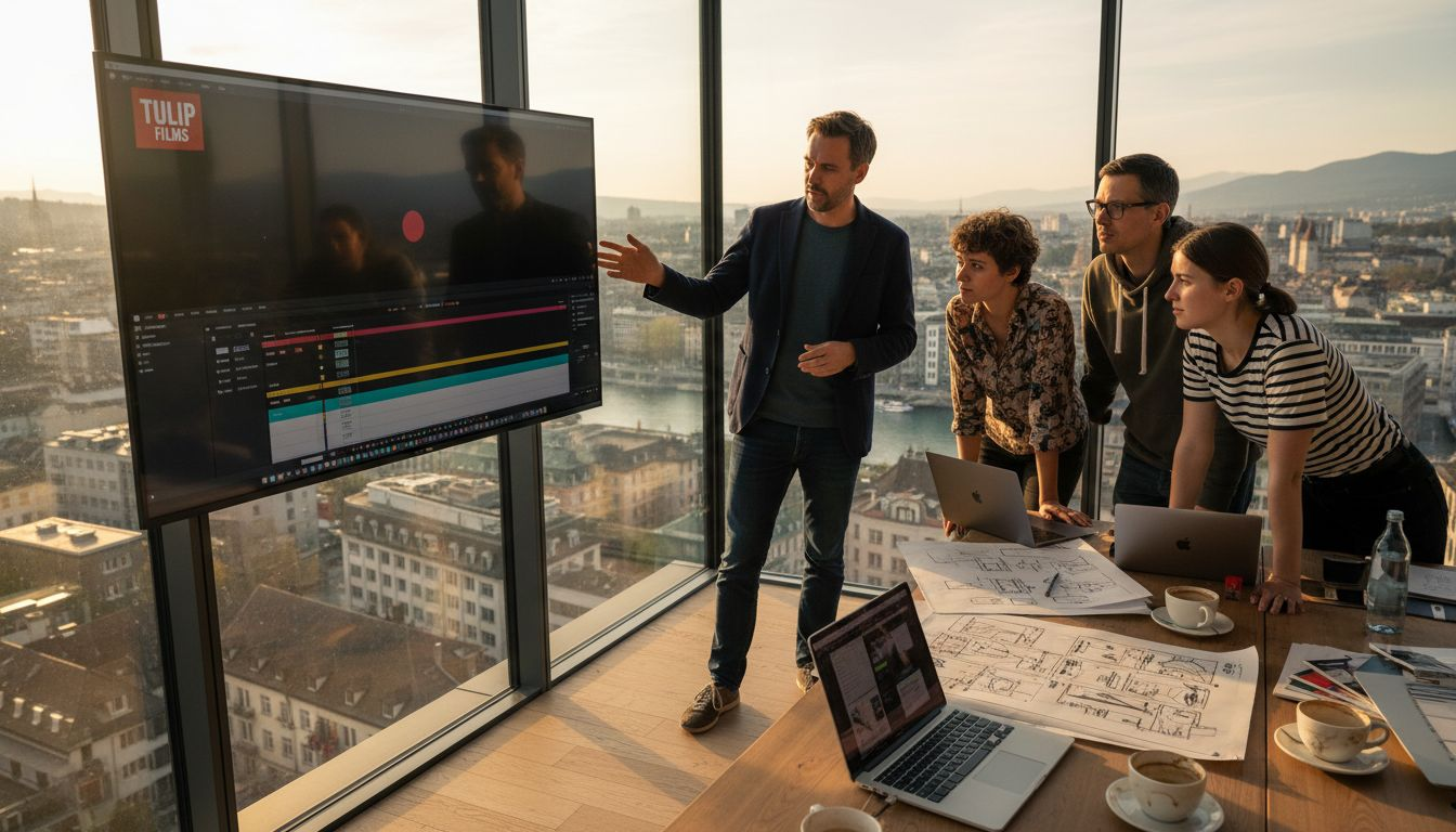 Swiss video creative team collaborating in office