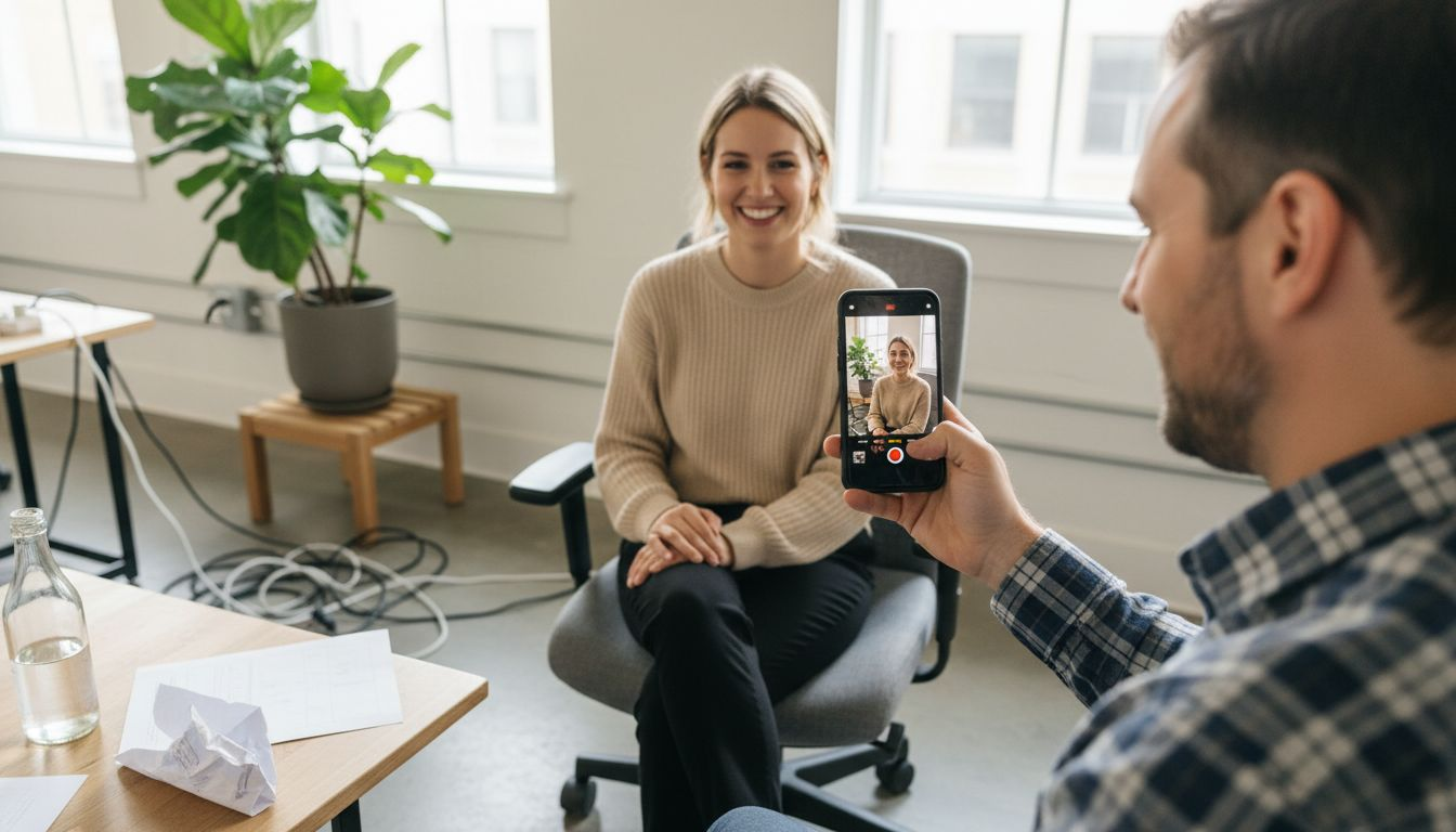 Moment de partage authentique sur un tournage vidéo, capturant la vraie vie et les interactions spontanées.