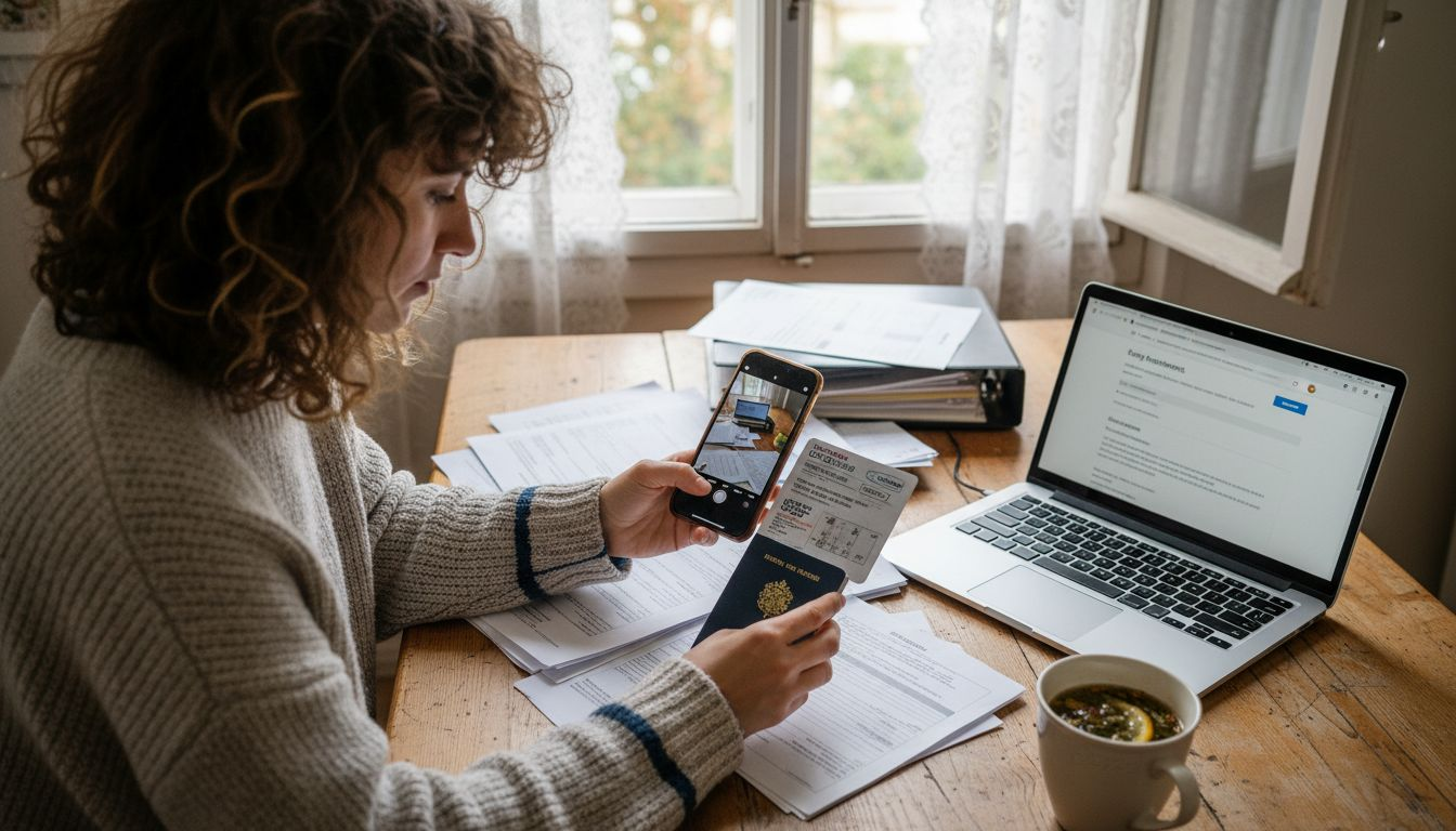 Woman scanning travel health documents at table