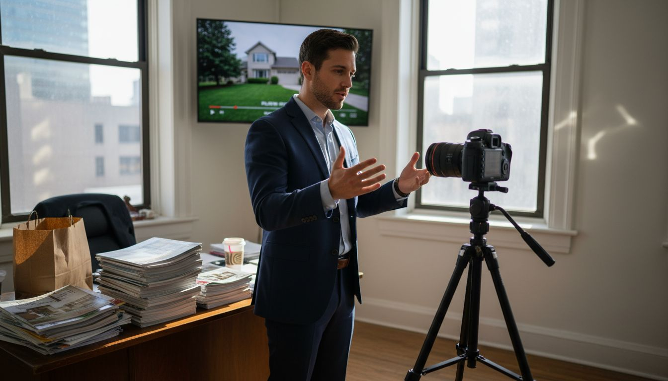 Real estate agent films video in office