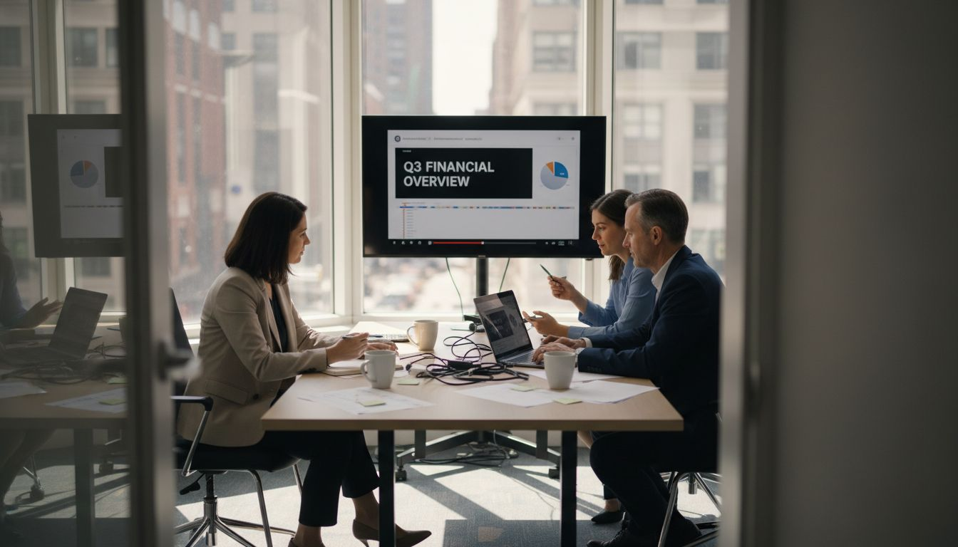 Team reviewing business video project