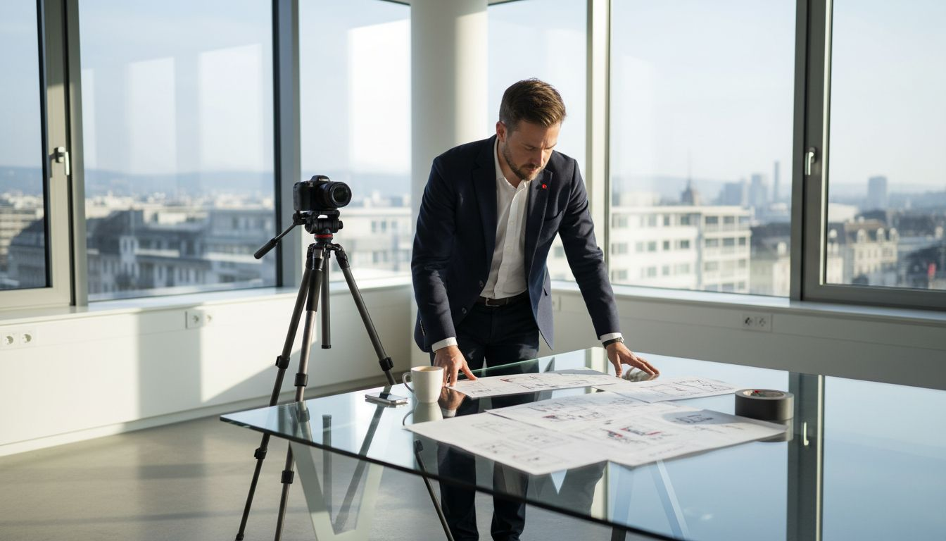 Swiss manager reviews video production storyboards