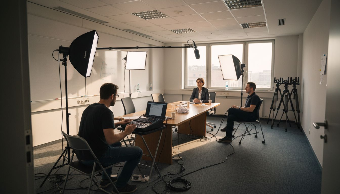 Video team sets up behind the scenes