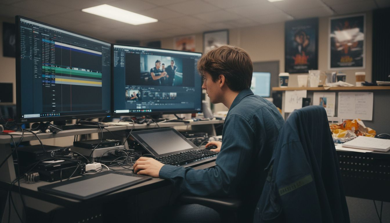 Film editor working in cluttered editing studio