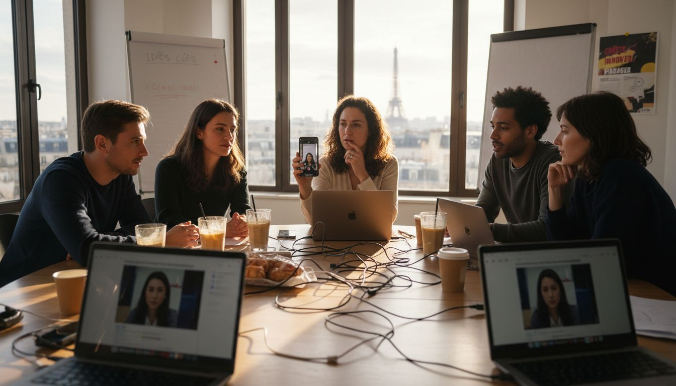 Une équipe de collaborateurs en train de tourner une vidéo pour les réseaux sociaux au bureau.