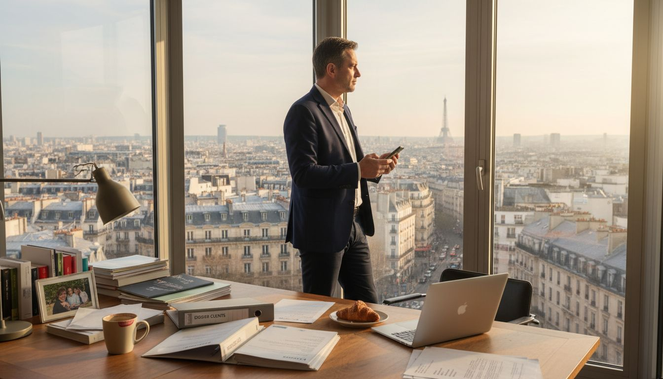 Directeur d’agence installé dans son bureau d’angle baigné de lumière