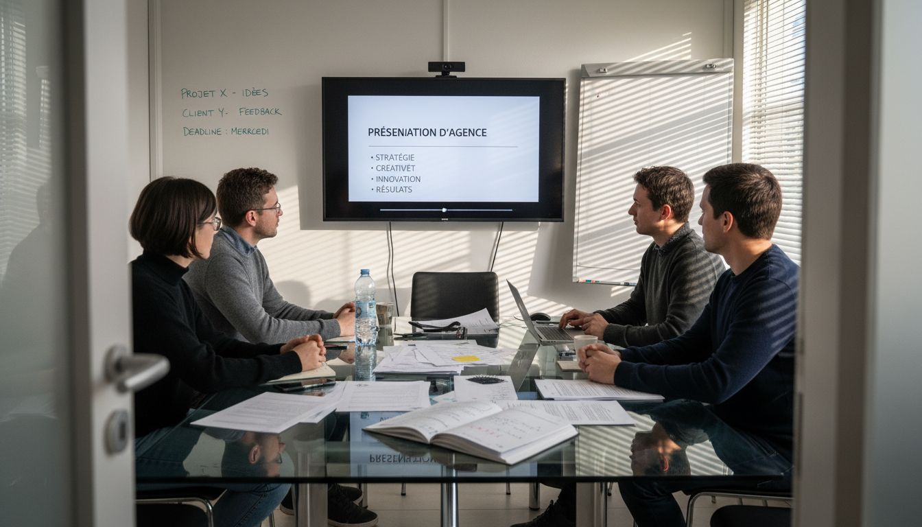 L’équipe de l’agence se réunit pour visionner ensemble la vidéo du projet.