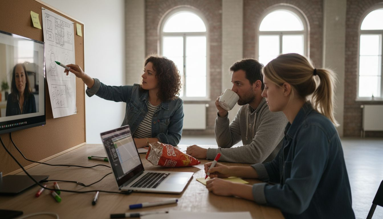 Swiss video editors collaborate in studio workspace