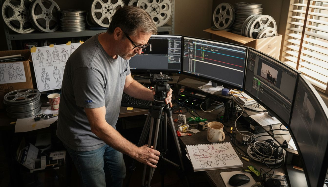 Filmmaker setting up camera in editing suite