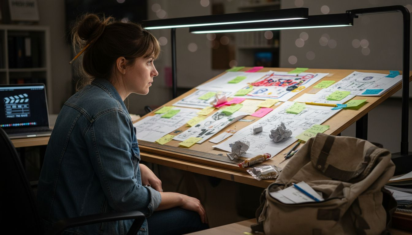 Storyboard artist working at cluttered desk