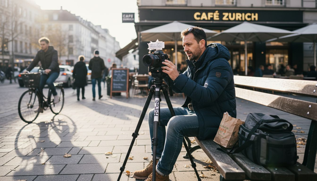 Videographer setting up Zurich street shoot