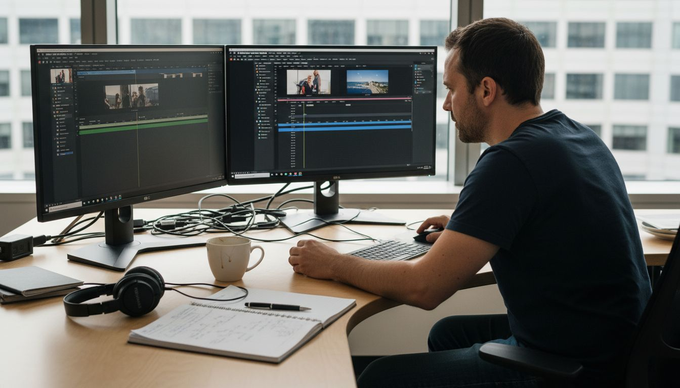 Un vidéaste en pleine ascension, filmant sur un bureau moderne et baigné de lumière naturelle.