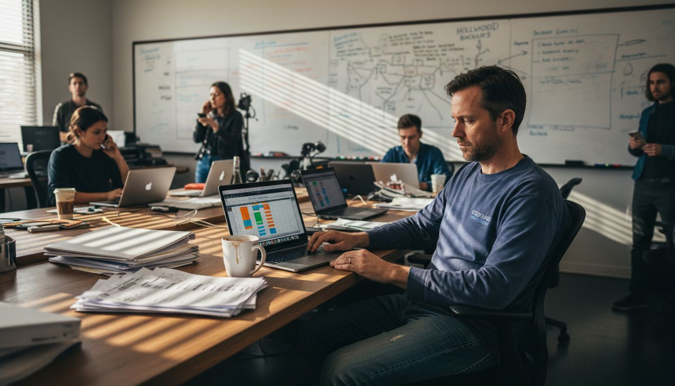 Film producer planning schedule at cluttered desk