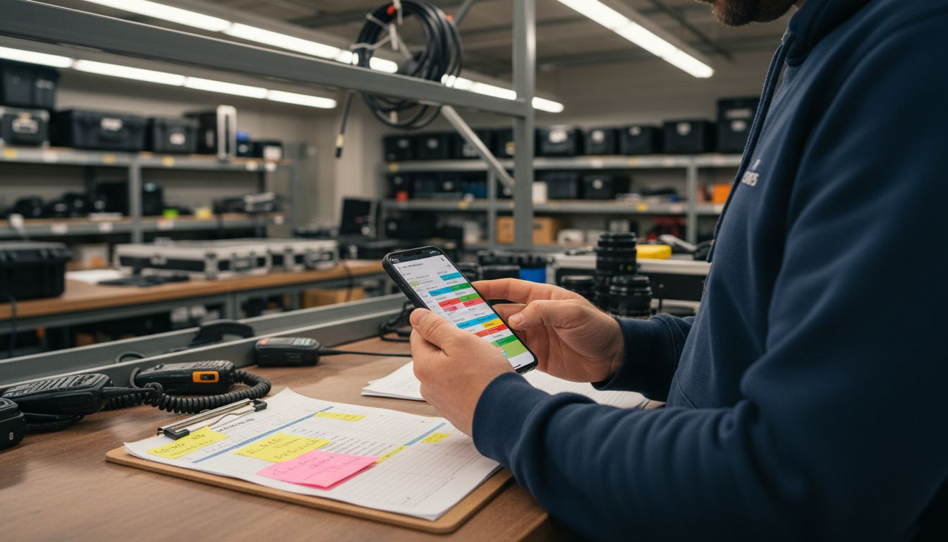 Crew coordinator using phone for film scheduling