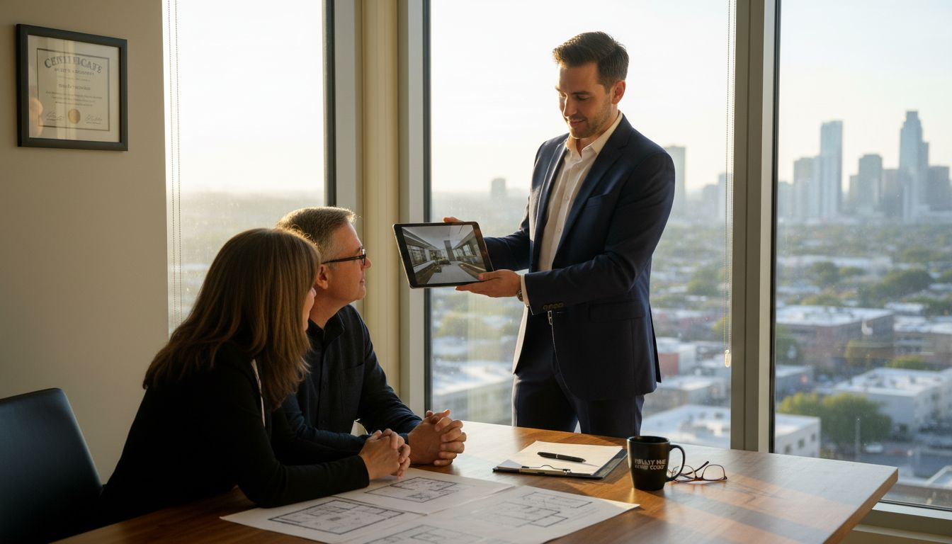 Realtor showing property video tour in office
