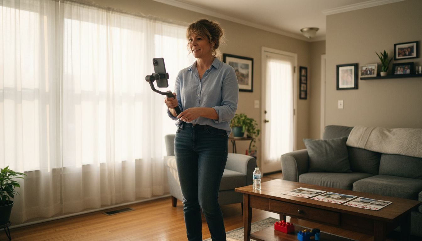 Realtor filming home tour in living room