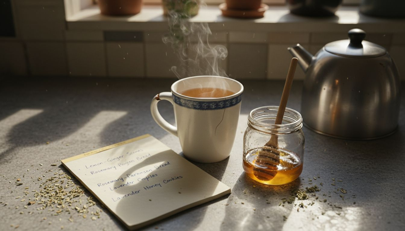 Herbal tea ingredients on cluttered kitchen counter