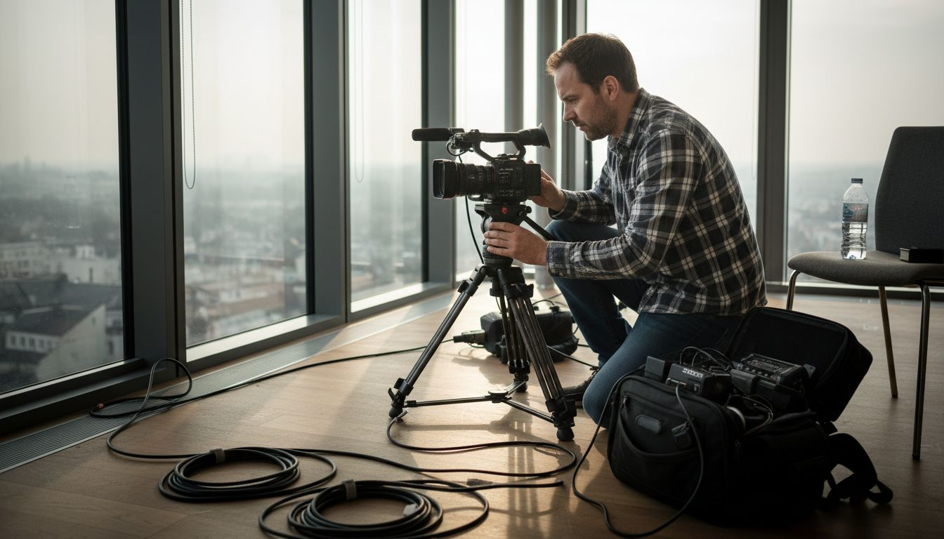 Un vidéaste prépare son équipement avant le début de l'événement.
