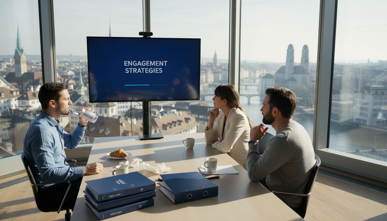 Swiss business team watching training video