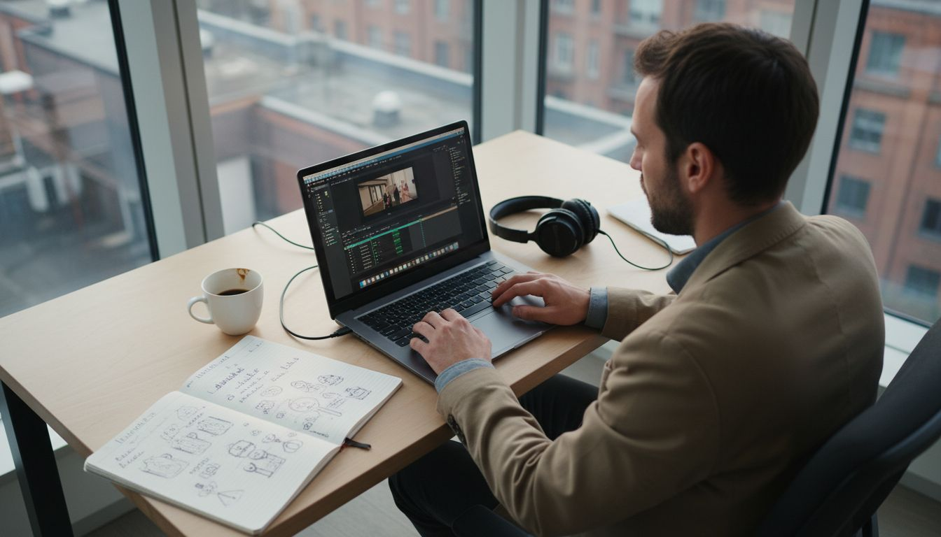 Un vidéaste en plein travail de montage dans un bureau en ville