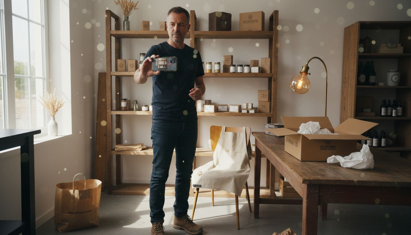 Un chef d’entreprise réalise une vidéo courte dans son atelier au sein de sa PME.