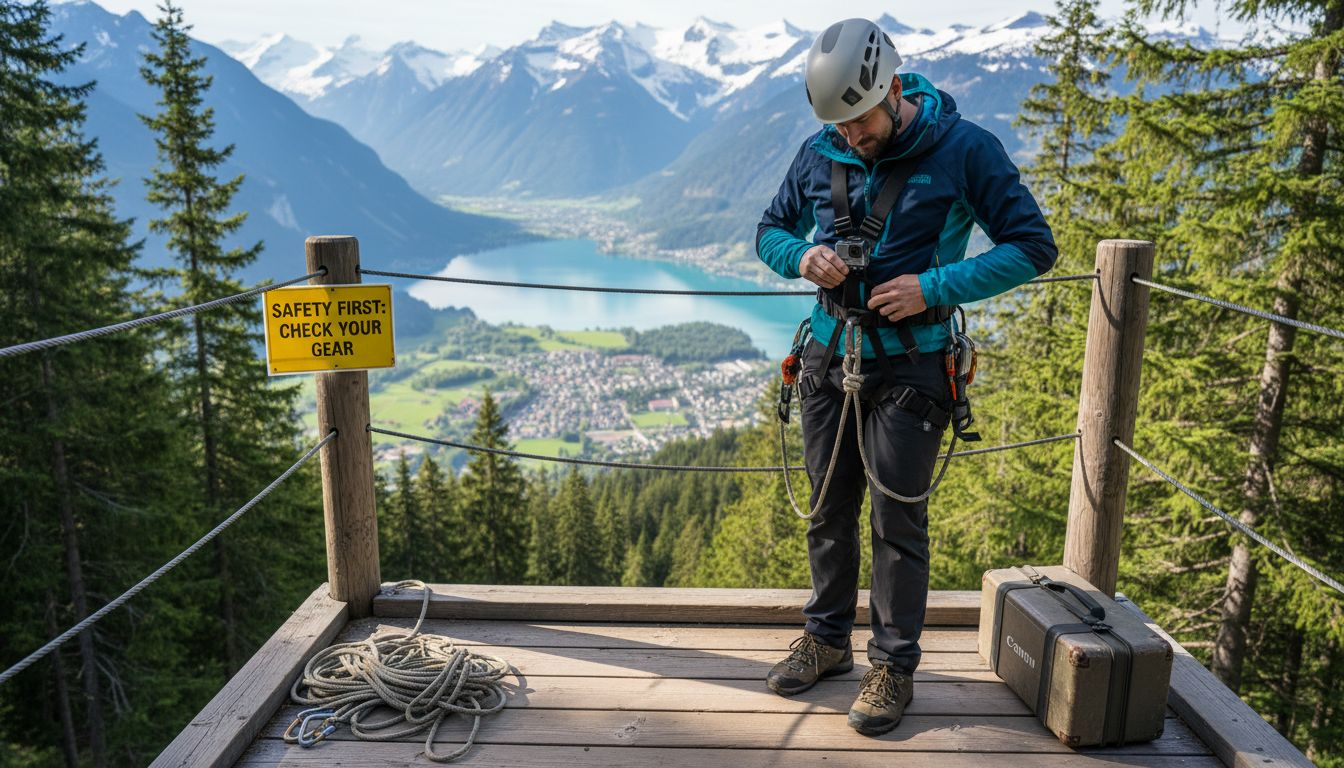Filmmaker preparing camera at zipline platform