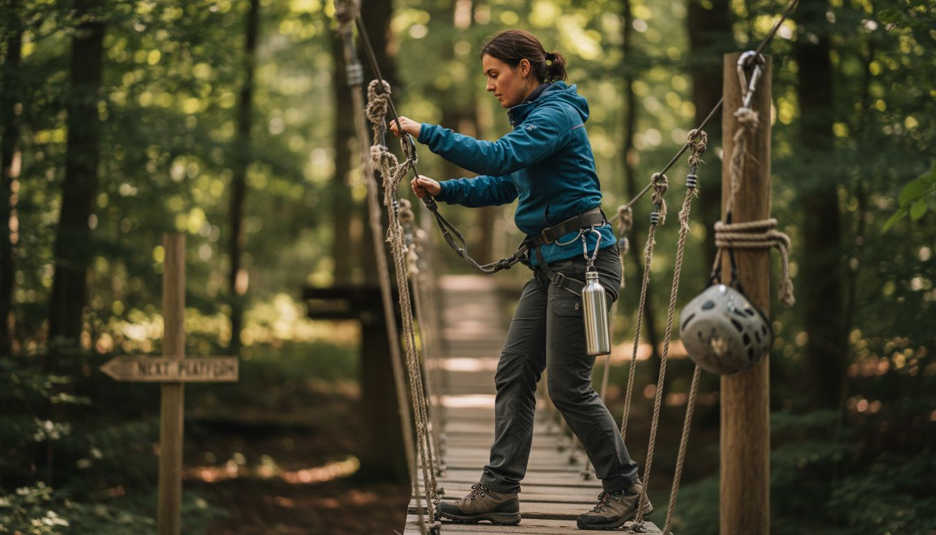 Participant on rope bridge in zipline park