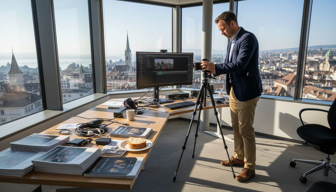 Entrepreneur prepares video in Zurich office