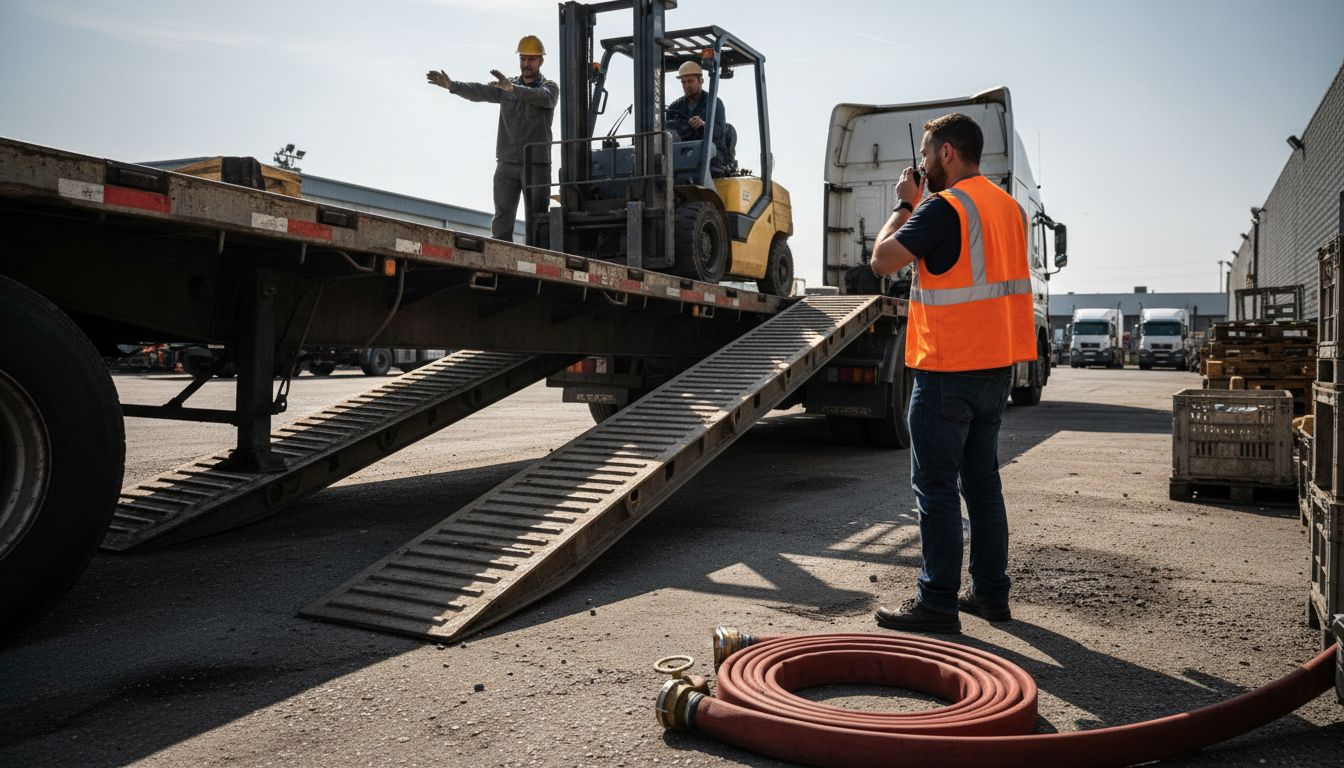 Forklift driving up ramp onto trailer