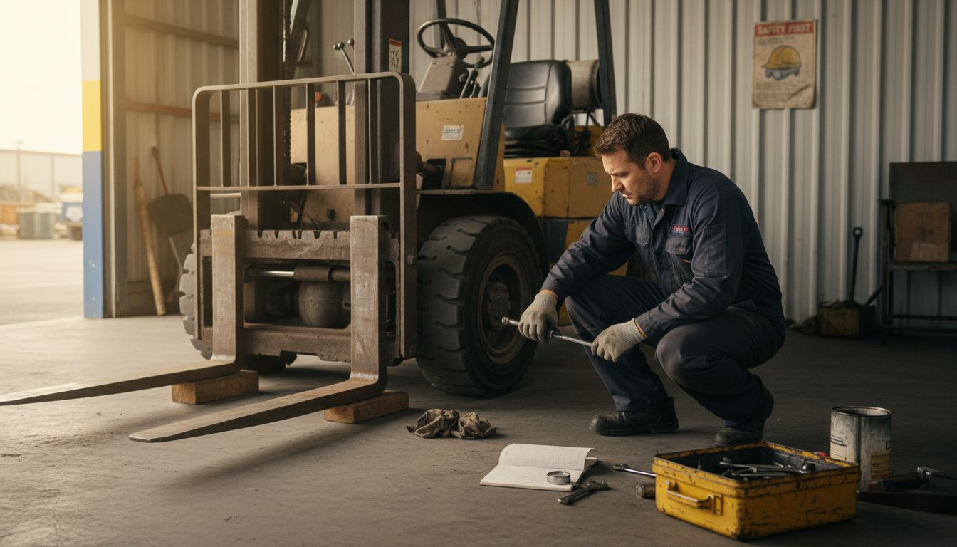 Forklift mechanic checking equipment before transport